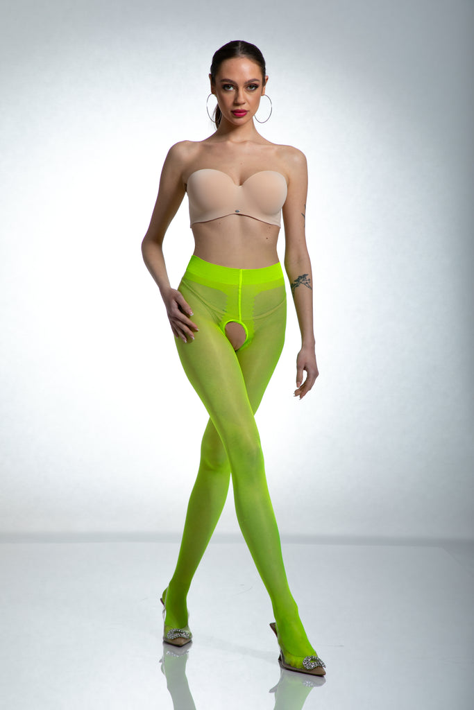 Amour Hip Gloss Crotchless Tights - Fluo Yellow