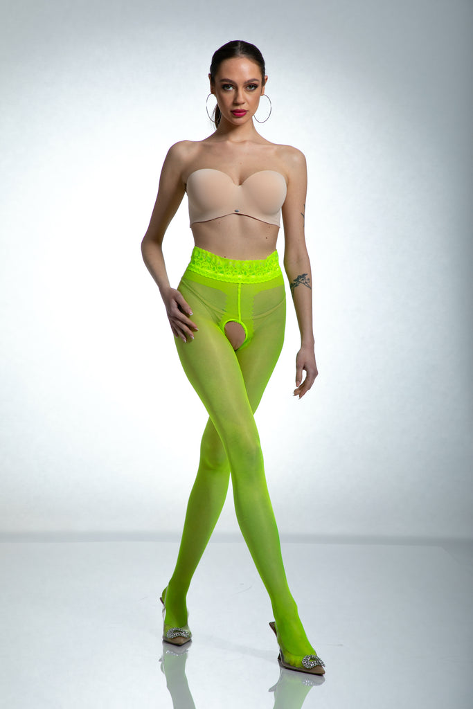 Amour Hip Lace Crotchless Tights - Fluo Yellow